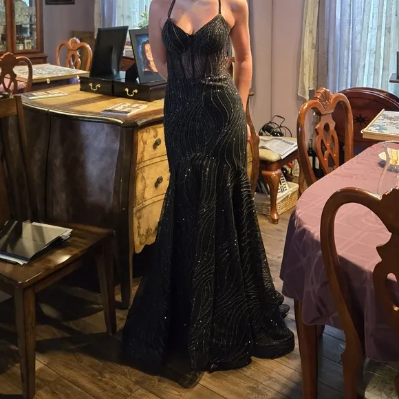 Blondie Nites Glitter Black and Silver Prom Dress