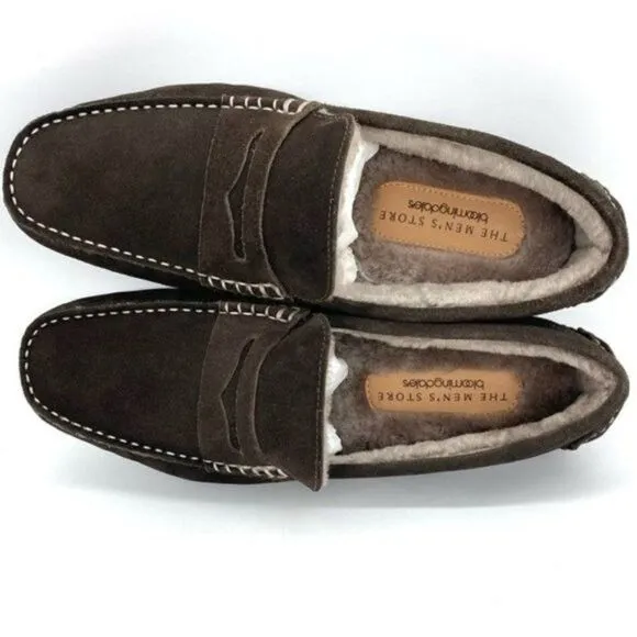 Bloomingdale’s Men’s Shearling Moc Toe Slippers Brown Suede Size 8 New