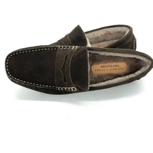 Bloomingdale’s Men’s Shearling Moc Toe Slippers Brown Suede Size 8 New
