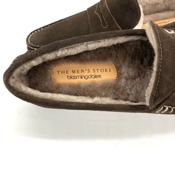 Bloomingdale’s Men’s Shearling Moc Toe Slippers Brown Suede Size 8 New