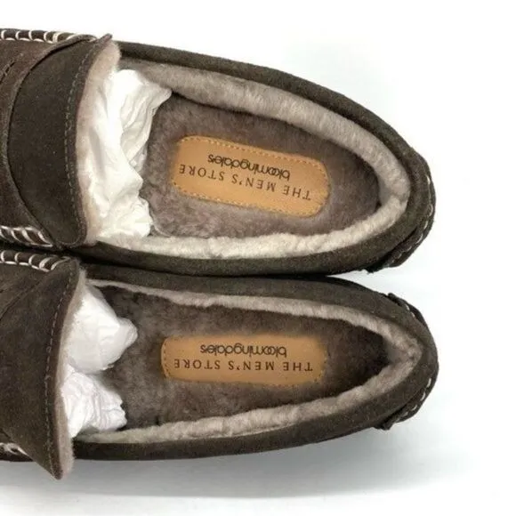 Bloomingdale’s Men’s Shearling Moc Toe Slippers Brown Suede Size 8 New