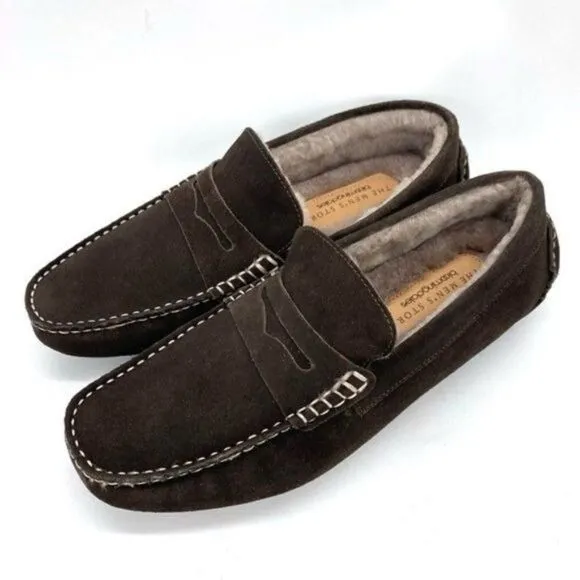 Bloomingdale’s Men’s Shearling Moc Toe Slippers Brown Suede Size 8 New