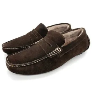 Bloomingdale’s Men’s Shearling Moc Toe Slippers Brown Suede Size 8 New