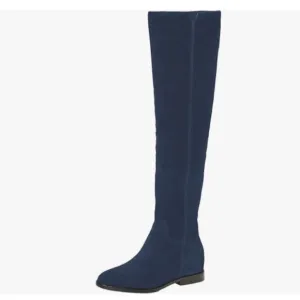 Blue Almond Toe Knee High Boots with Partial Zipper Stretchy Cold Long Boot