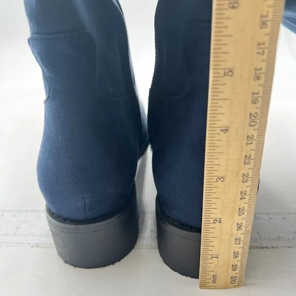 Blue Almond Toe Knee High Boots with Partial Zipper Stretchy Cold Long Boot
