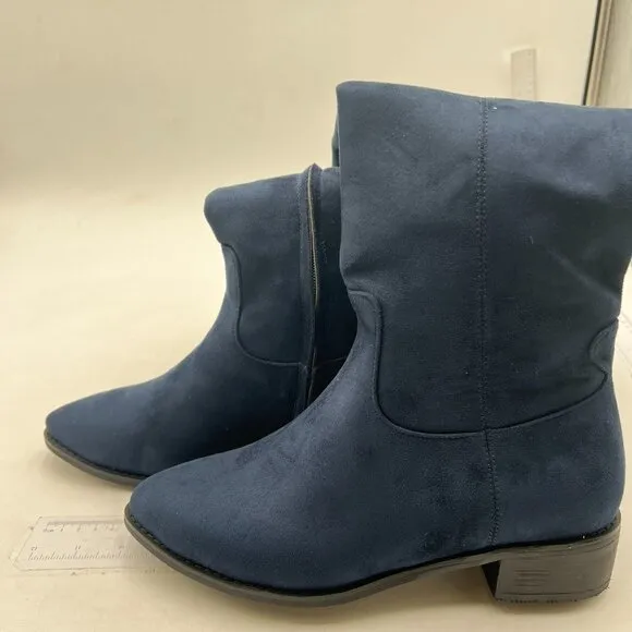 Blue Almond Toe Knee High Boots with Partial Zipper Stretchy Cold Long Boot