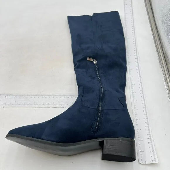 Blue Almond Toe Knee High Boots with Partial Zipper Stretchy Cold Long Boot