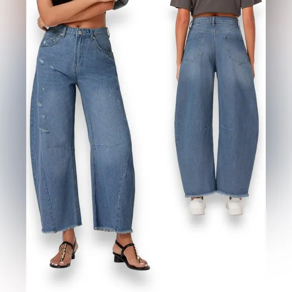Blue Distressed Wide Leg Baggy Barrel Jeans High Waist Y2K Grunge Street…