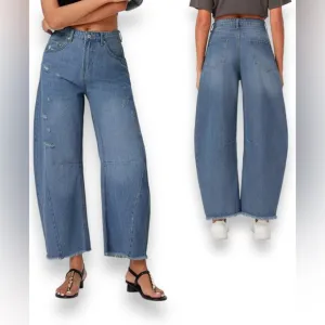 Blue Distressed Wide Leg Baggy Barrel Jeans High Waist Y2K Grunge Street…