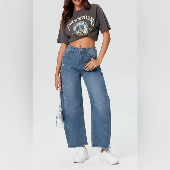 Blue Distressed Wide Leg Baggy Barrel Jeans High Waist Y2K Grunge Street…