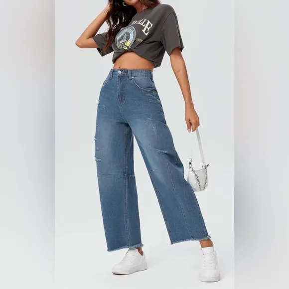 Blue Distressed Wide Leg Baggy Barrel Jeans High Waist Y2K Grunge Street…