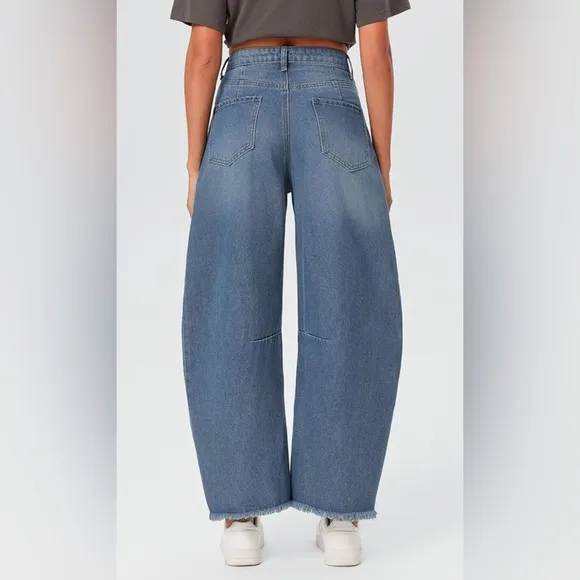 Blue Distressed Wide Leg Baggy Barrel Jeans High Waist Y2K Grunge Street…