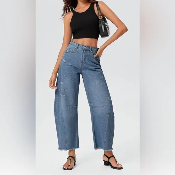 Blue Distressed Wide Leg Baggy Barrel Jeans High Waist Y2K Grunge Street…