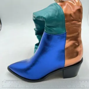 Blue Knee High Stretch Long Boots Round Toe Chunky Heel Side Zipper Dress Shoes