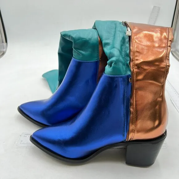 Blue Knee High Stretch Long Boots Round Toe Chunky Heel Side Zipper Dress Shoes