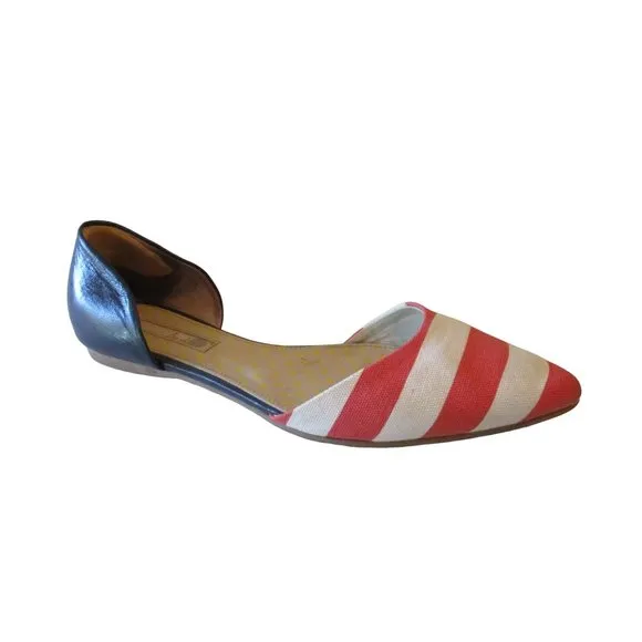*Boden Coral and White Fun D'orsay Flats Striped Canvas Navy Blue Leather Heel