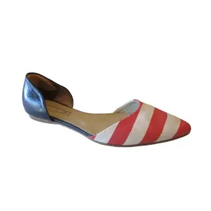 *Boden Coral and White Fun D'orsay Flats Striped Canvas Navy Blue Leather Heel