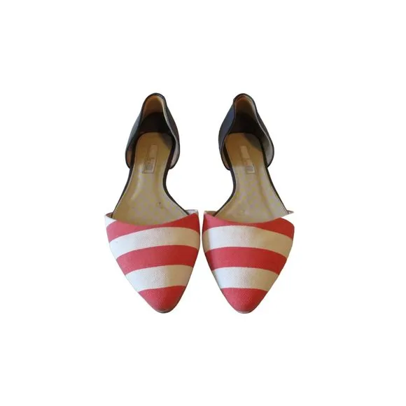 *Boden Coral and White Fun D'orsay Flats Striped Canvas Navy Blue Leather Heel