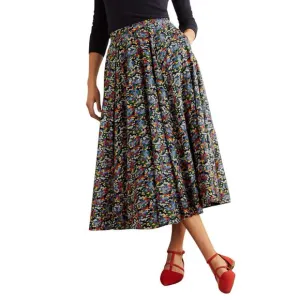 Boden Size 2 / 4 Corinne Black Multi Floral 100% Cotton A-Line Midi Skirt