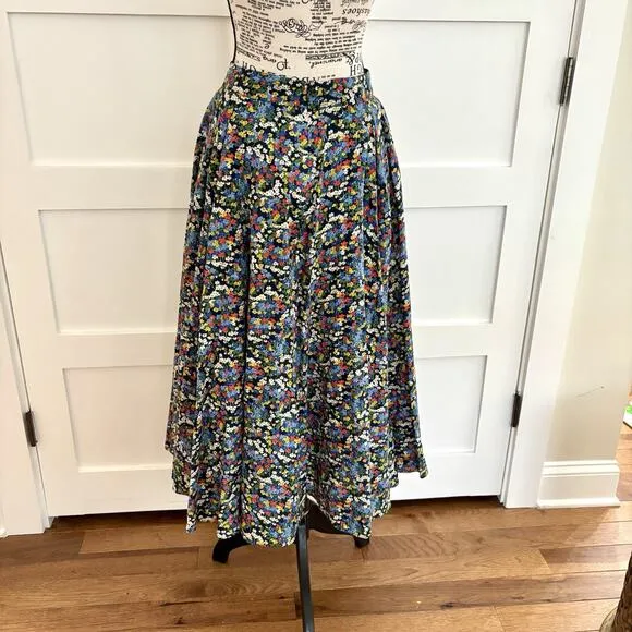 Boden Size 2 / 4 Corinne Black Multi Floral 100% Cotton A-Line Midi Skirt