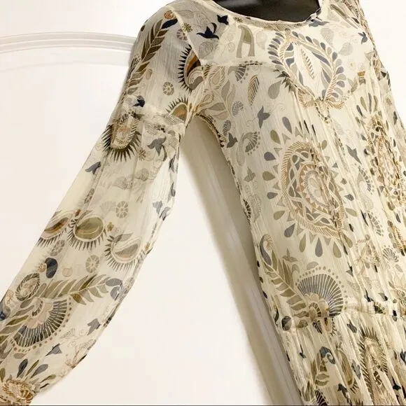 Boho Ambre Babzoe Paris 2 Pc Silk Neutral Beige Cream Paisley Dress Sheer 36 XS