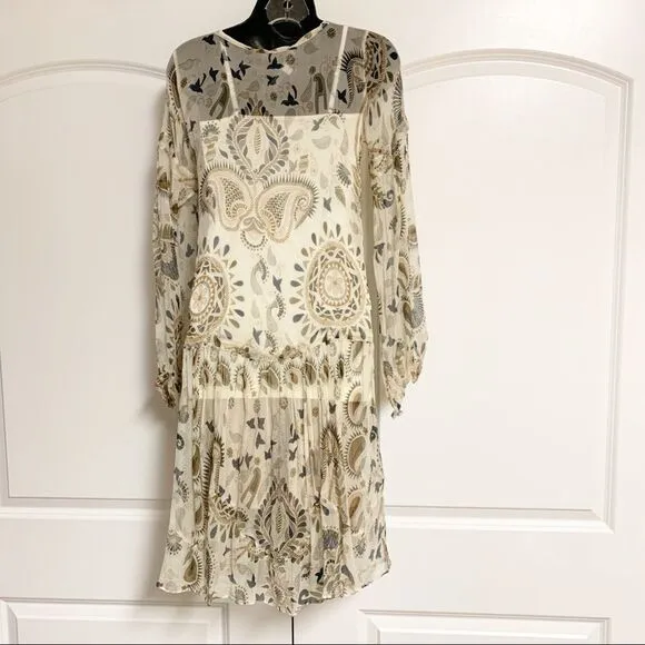 Boho Ambre Babzoe Paris 2 Pc Silk Neutral Beige Cream Paisley Dress Sheer 36 XS