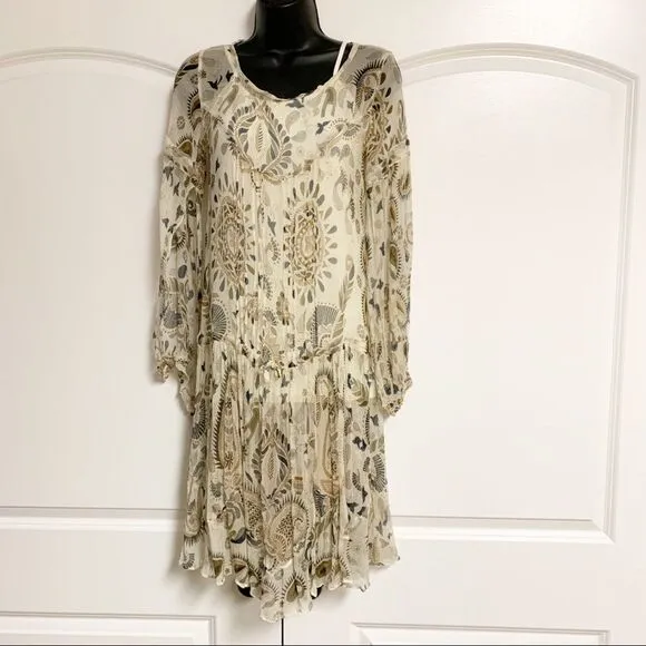 Boho Ambre Babzoe Paris 2 Pc Silk Neutral Beige Cream Paisley Dress Sheer 36 XS