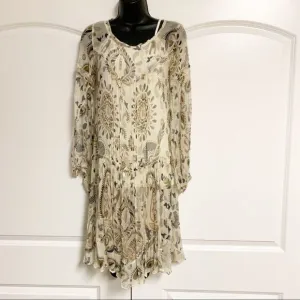 Boho Ambre Babzoe Paris 2 Pc Silk Neutral Beige Cream Paisley Dress Sheer 36 XS
