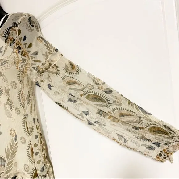 Boho Ambre Babzoe Paris 2 Pc Silk Neutral Beige Cream Paisley Dress Sheer 36 XS