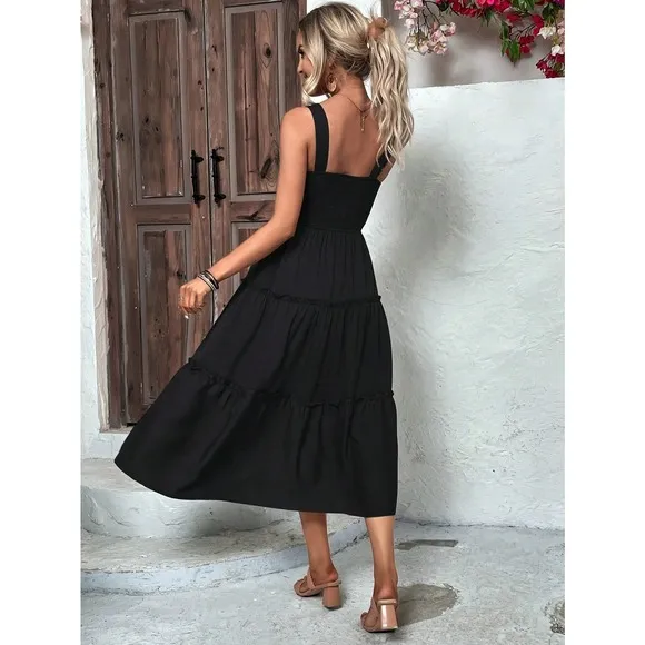 boho shirred bust Frill Trim tiered Cami midi Dress square neck yellow