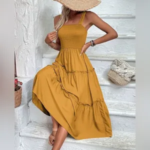 boho shirred bust Frill Trim tiered Cami midi Dress square neck yellow