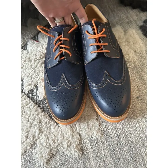 BOLD By Soxy Mens Navy &amp; Orange Leather Wingtip Dress Shoes NEW Size 12 MINT
