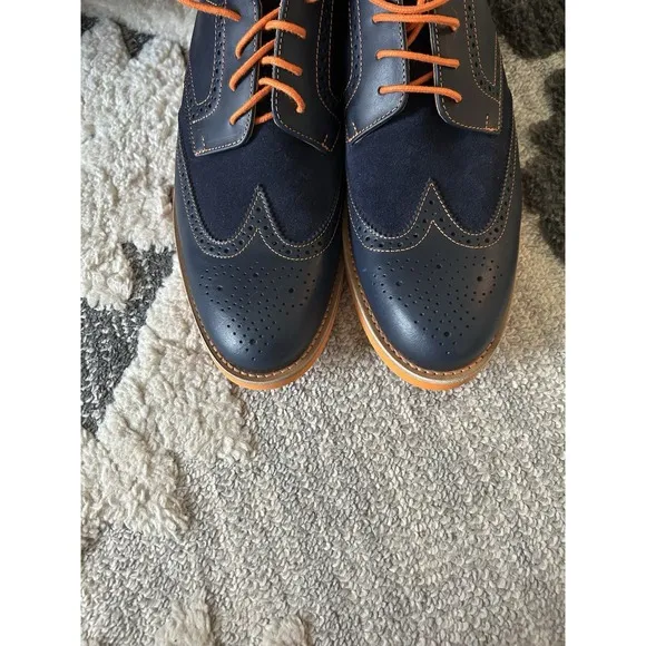 BOLD By Soxy Mens Navy &amp; Orange Leather Wingtip Dress Shoes NEW Size 12 MINT
