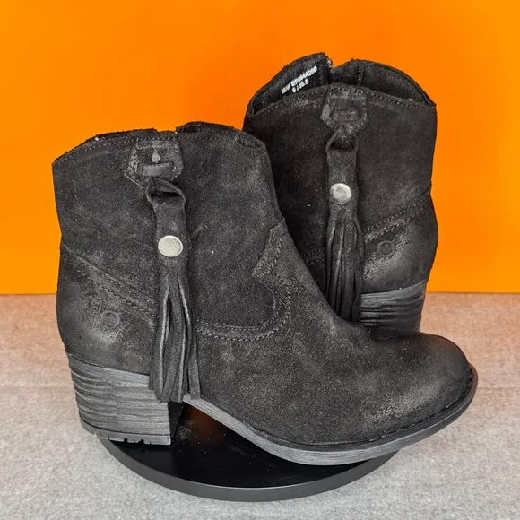 Born Alondra Black Tassle Fringe Distressed Bootie Zip Size 6 EU 36.5