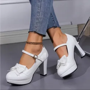 Bowknot Platform Pumps, Solid Color Buckle Strap Block High Heels