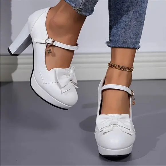 Bowknot Platform Pumps, Solid Color Buckle Strap Block High Heels