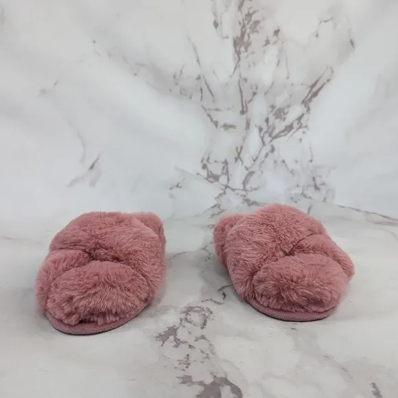 BP Faux Fur Slippers Women 7 8 Pink Ultra Padded Cross Cross Open Toed Sophie