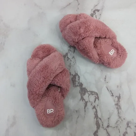 BP Faux Fur Slippers Women 7 8 Pink Ultra Padded Cross Cross Open Toed Sophie