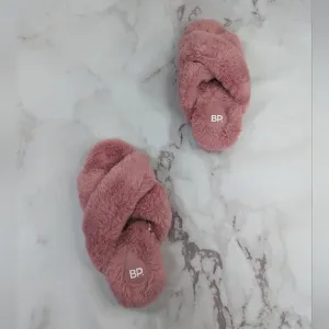 BP Faux Fur Slippers Women 7 8 Pink Ultra Padded Cross Cross Open Toed Sophie