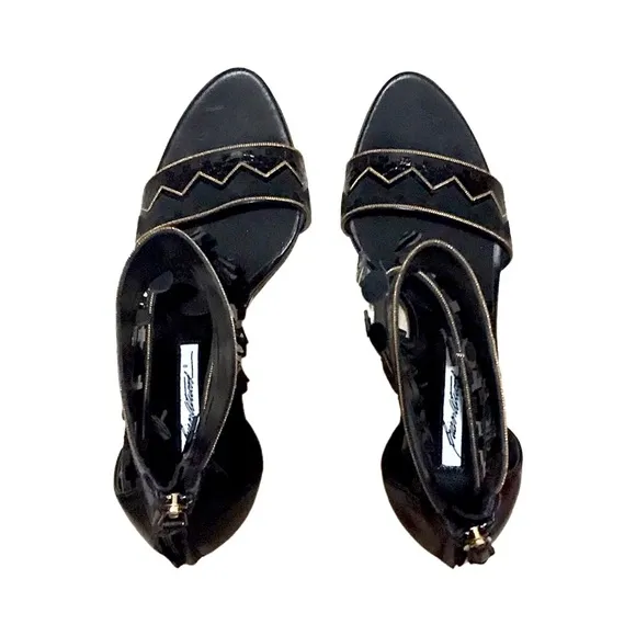 Brian Atwood Black Open Toe Stiletto Heels with Tassels Gold, size 11