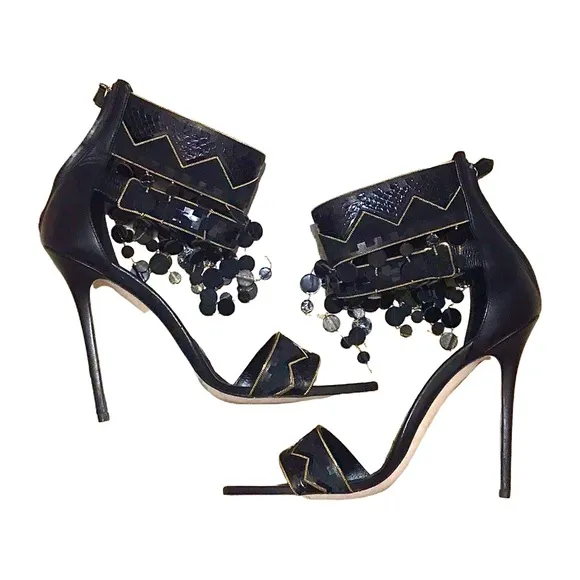 Brian Atwood Black Open Toe Stiletto Heels with Tassels Gold, size 11