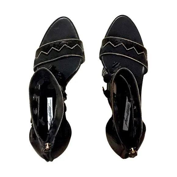 Brian Atwood Black Open Toe Stiletto Heels with Tassels Gold, size 11