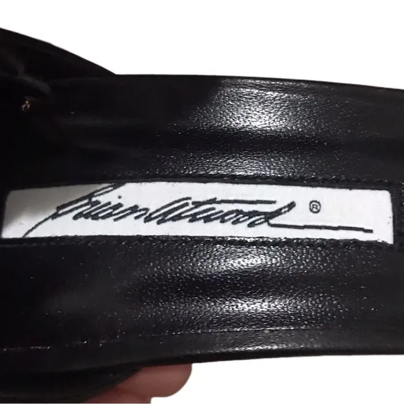 Brian Atwood Black Open Toe Stiletto Heels with Tassels Gold, size 11