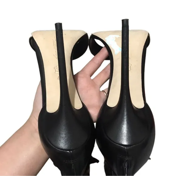 Brian Atwood Black Open Toe Stiletto Heels with Tassels Gold, size 11
