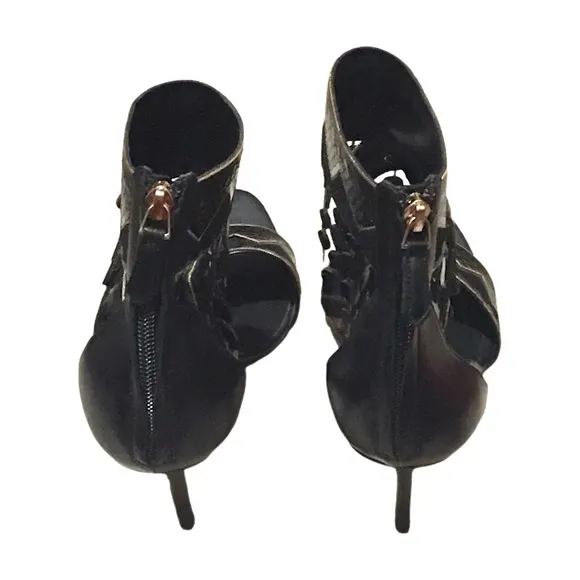 Brian Atwood Black Open Toe Stiletto Heels with Tassels Gold, size 11