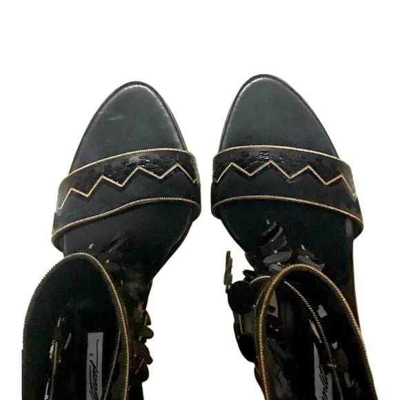 Brian Atwood Black Open Toe Stiletto Heels with Tassels Gold, size 11