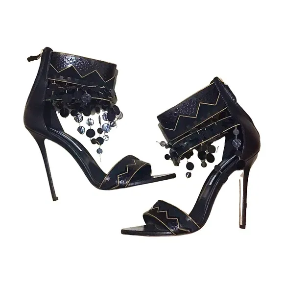 Brian Atwood Black Open Toe Stiletto Heels with Tassels Gold, size 11
