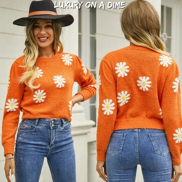 Bright Retro Daisy Soft Teddy Knit Flower Long Sleeve Pullover Sweater Shirt Top