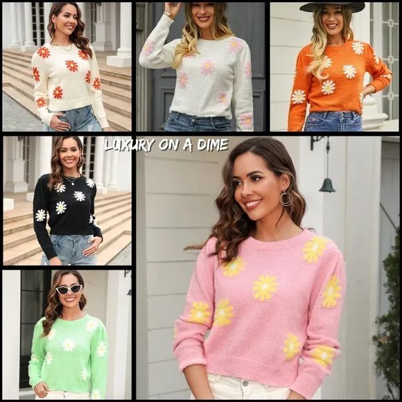 Bright Retro Daisy Soft Teddy Knit Flower Long Sleeve Pullover Sweater Shirt Top