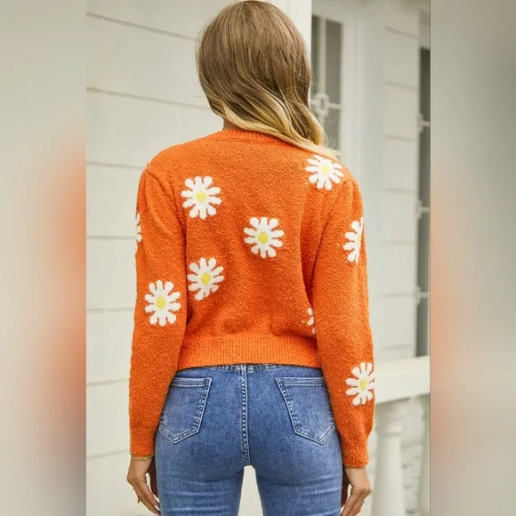 Bright Retro Daisy Soft Teddy Knit Flower Long Sleeve Pullover Sweater Shirt Top